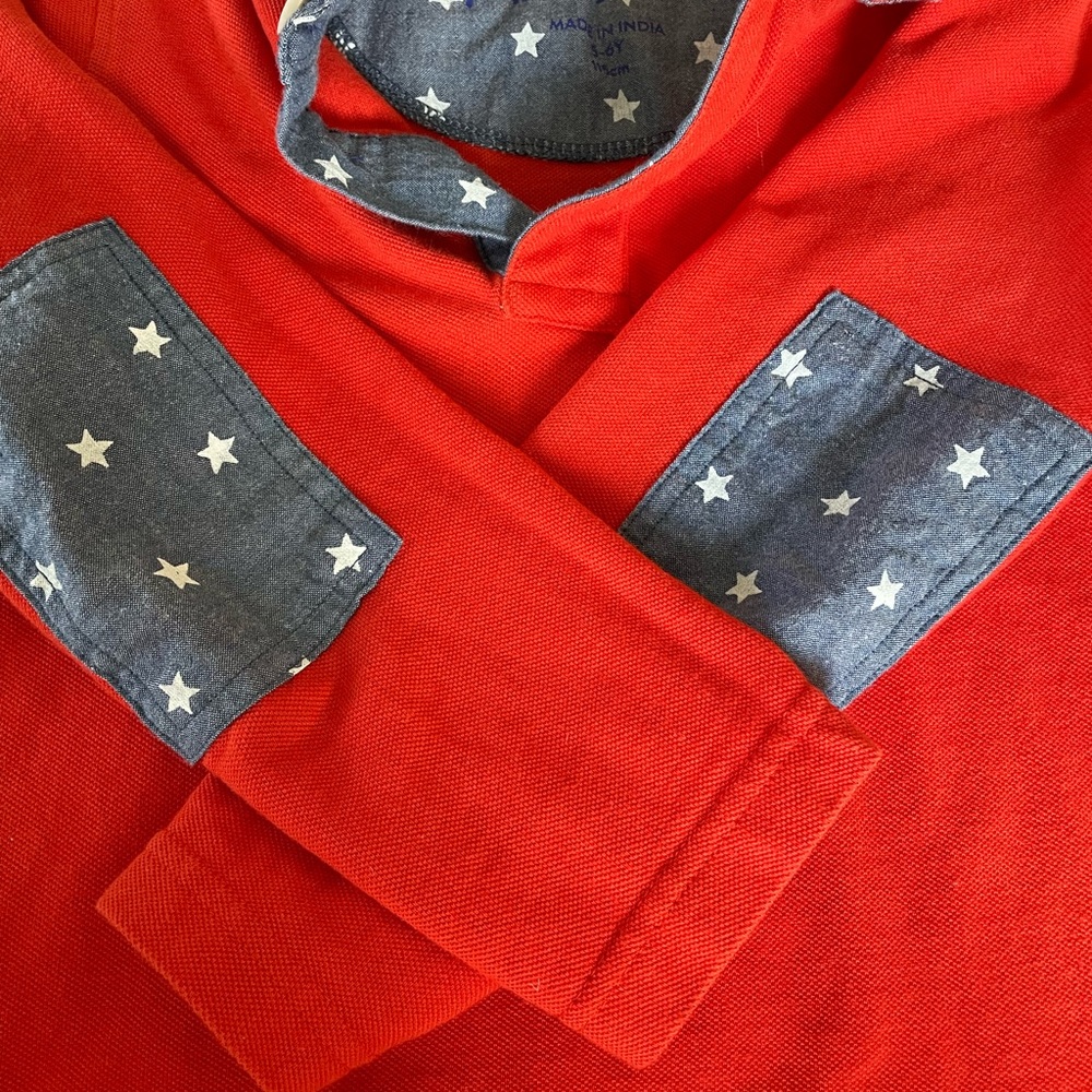 Mini Boden Boys Long Sleeve Orange Polo Shirt Star Elbow Patches Size 5/6 y - Picture 3 of 5
